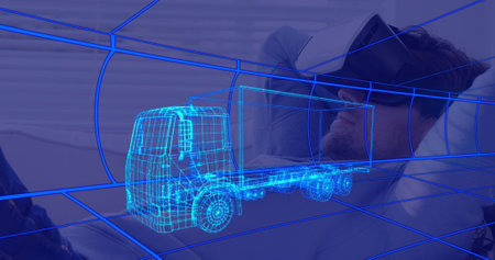 Image of 3d technical drawing of truck, over man at home wearing vr headset. technology, design and digital interface concept digitally generated image.の写真素材