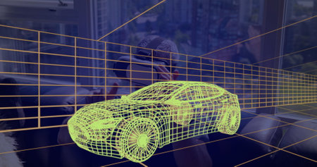 Image of 3d technical drawing of car, over man at home wearing vr headset. technology, design and digital interface concept digitally generated image.の写真素材