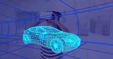Image of 3d technical drawing of car, over woman at home wearing vr headset. technology, design and digital interface concept digitally generated image.の写真素材