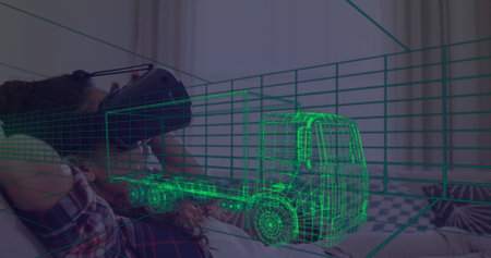 Image of 3d technical drawing of truck, over woman at home wearing vr headset. technology, design and digital interface concept digitally generated image.の写真素材
