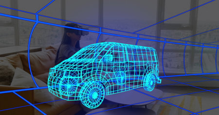 Image of 3d technical drawing of van, over woman at home wearing vr headset. technology, design and...