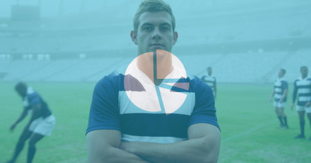 Image of statistics over rugby players. global sports, technology, digital interface and connections concept digitally generated image.の写真素材