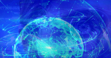 Image of globe and network of connections over eye of man in vr glasses using interface. digital interface technology, data processing and global communication concept digitally generated image.の写真素材