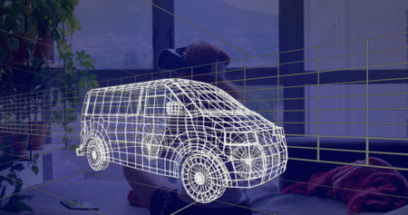 Image of 3d technical drawing of van, over woman at home wearing vr headset. technology, design and digital interface concept digitally generated image.の写真素材