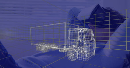 Image of 3d technical drawing of truck, over man at home wearing vr headset. technology, design and digital interface concept digitally generated image.の写真素材