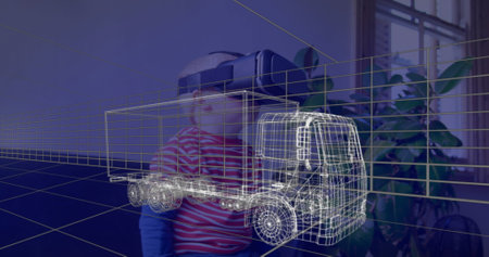 Image of 3d technical drawing of truck, over boy at home wearing vr headset. technology, design and digital interface concept digitally generated image.の写真素材