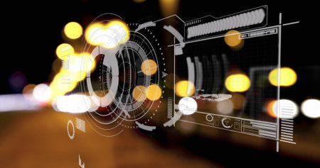 Image of statistics and data processing over cityscape. global communication, business, digital interface, technology and networking concept digitally generated image.の写真素材