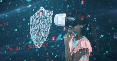 Image of data and security icons over schoolgirl using vr headset. global connections, , education,...