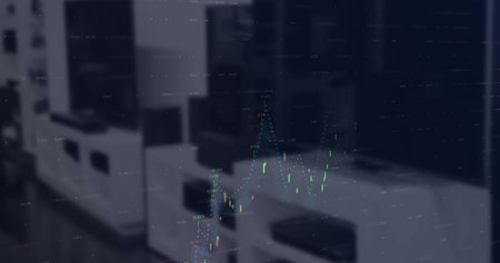 Image of financial statistics and data processing over shop interior. global shopping, business,...