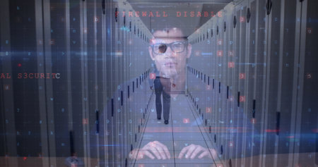 Image of data processing with cyber attack warning over hacker and computer servers. global internet...