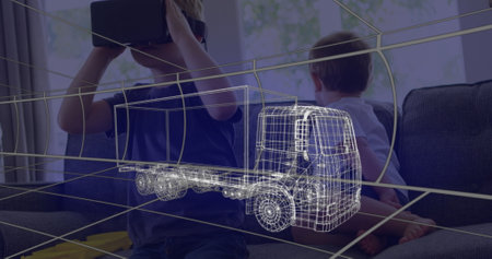 Image of 3d technical drawing of truck, over boy at home wearing vr headset. technology, design and digital interface concept digitally generated image.の写真素材