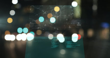 Image of data processing on screens over cityscape. global communication, business, digital interface, technology and networking concept digitally generated image.の写真素材