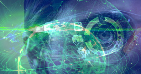 Image of networks of connections and globe over woman wearing vr headset. global connections,...
