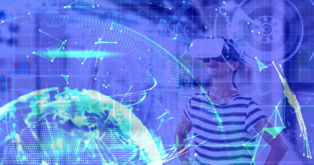 Image of networks of connections and globe over woman wearing vr headset. global connections,...