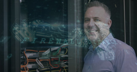 Image of data processing with cyber attack warning over technician and computer server. global...