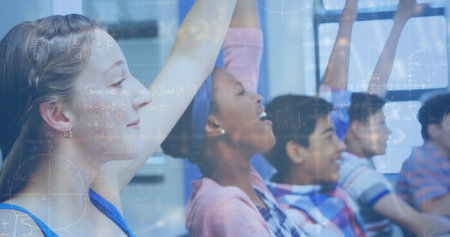 Image of mathematical equations over diverse school children. Global education, data processing and connections concept digitally generated image.の写真素材