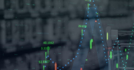 Image of financial statistics and data processing over shop interior. global shopping, business, digital interface, technology and networking concept digitally generated image.の写真素材