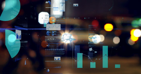 Image of statistics processing over out of focus cityscape. business, data processing, connection,...