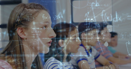 Image of mathematical equations over schoolchildren learning. global education, technology and connections concept digitally generated image.の写真素材