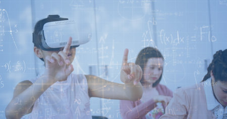 Image of mathematical equations over schoolchildren using vr headsets. global education, technology...