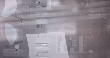 Image of financial data processing over shop interiors. global shopping, connections, business,...