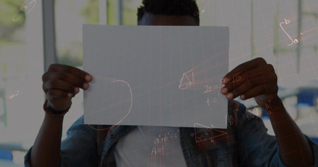 Image of mathematical equations over schoolchildren learning. global education, technology and...