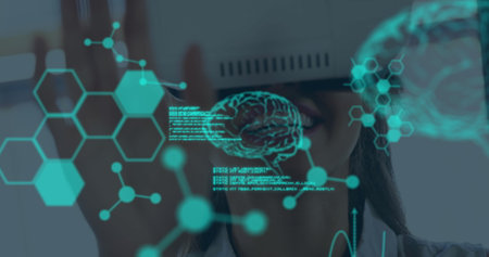 Image of human brains spinning and data processing over businesswoman wearing vr headset. business, science, connection, technology and digital interface concept digitally generated image.の写真素材