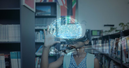 Virtual reality and artificial intelligence concepts over child in library. Technology, innovation, education, learning, futuristic, digitalの写真素材