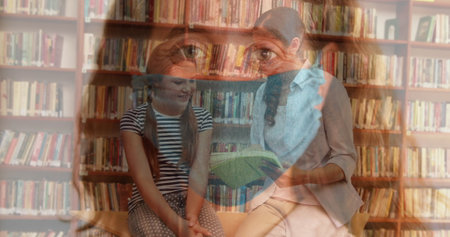 Image of Caucasian woman in mask for protection over teacher and student in library. Social distancing and self isolation in quarantine lockdown digital composite.の写真素材