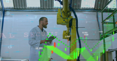 Image of digital interface with graphs, and data processing over man using digital tablet and...