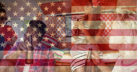 Digital composite of party in a van with young people enjoying drinks against american flag...