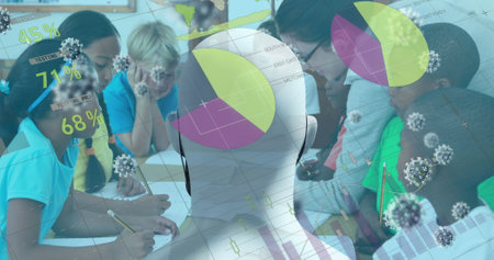 Students collaborating on project in classroom, surrounded by digital data overlays. Collaboration,...