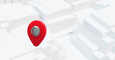 Image of a single GPS location marker floating over a background of moving grey blocks. Location and...