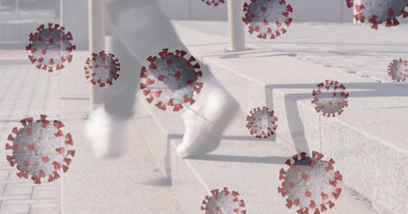 Coronavirus graphics overlaying scene as person walking up steps outdoors. Pandemic, outbreak,...