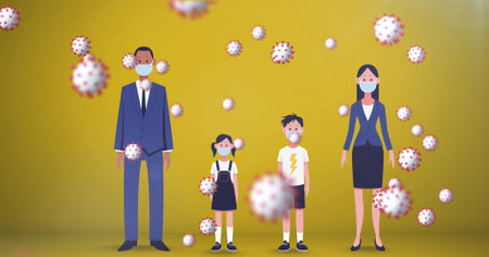 Wearing masks, family standing together, surrounded by virus particles for safety. Pandemic, protection, health, togethernessの写真素材