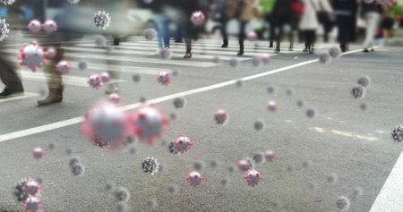 Walking on busy street, people with virus particles digitally illustrated nearby. Pandemic, safety,...