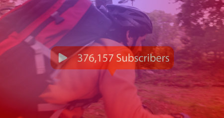 Image of digital interface Subscribers text with growing numbers on red speech bubble over man...