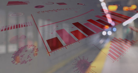 Image of Covid 19 cells and statistics showing cases over out of focus train and city lights. Global...