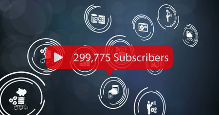 Image of digital interface Subscribers text with growing numbers on red speech bubble over multiple...
