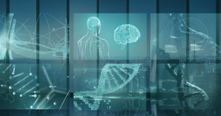 Image of medical data processing with dna and screens. global technology connection communication...