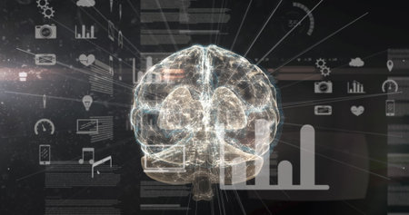 Image of glowing human brain with digital interface data processing. global technology information connection networking concept digitally generated image.の写真素材