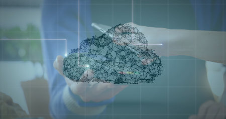 Cloud icon of network of connections against person using smartphone to make payment. cloud storage and business technology conceptの写真素材