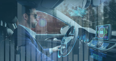 Image of interface showing statistic and information displays with man in self driving car....