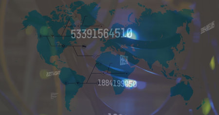Multiple changing numbers over spots of light against world map. global networking and technology conceptの写真素材