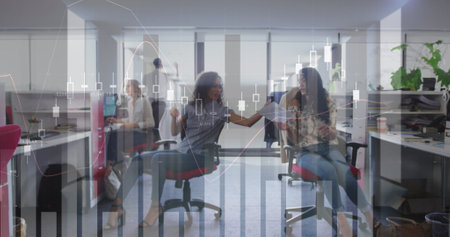 Image of interface showing data and statistics with business colleagues communicating in office....