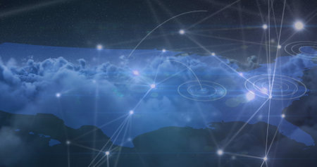 Glowing network of connections over world map against clouds in the sky. global networking and...