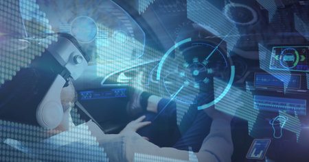 Digital interface with data processing against man wearing vr headset sitting in self driving car. computer interface and futuristic technology conceptの写真素材