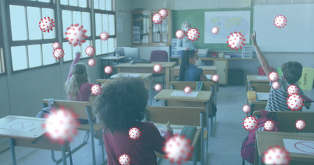 Multiple covid 19 cells floating against female teacher wearing face mask teaching at school....