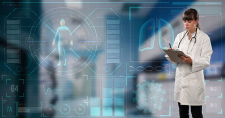 Medical data processing against caucasian female doctor writing on clipboard. medical research and...