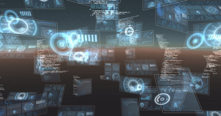 Image of data processing and scopes scanning on screen over glowing horizon. global connections,...